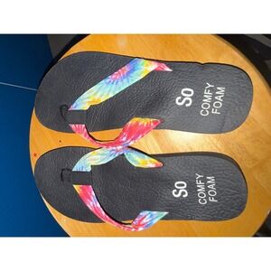 SO Comfy Foam Rainbow Tie Dye Bow Flip Flop Sandals Womens Size 9 Black Multi